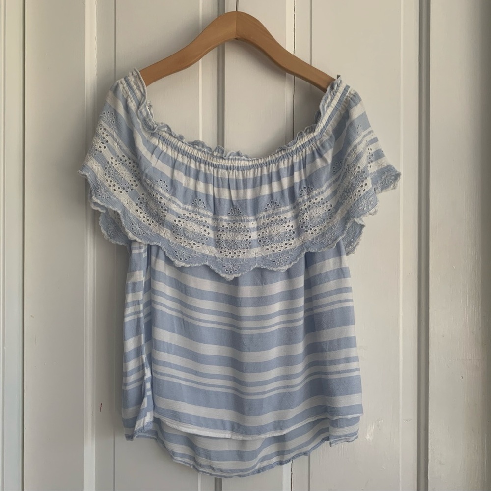 AEO off shoulder eyelet scallop ruffle blue stripe - Picture 8 of 15